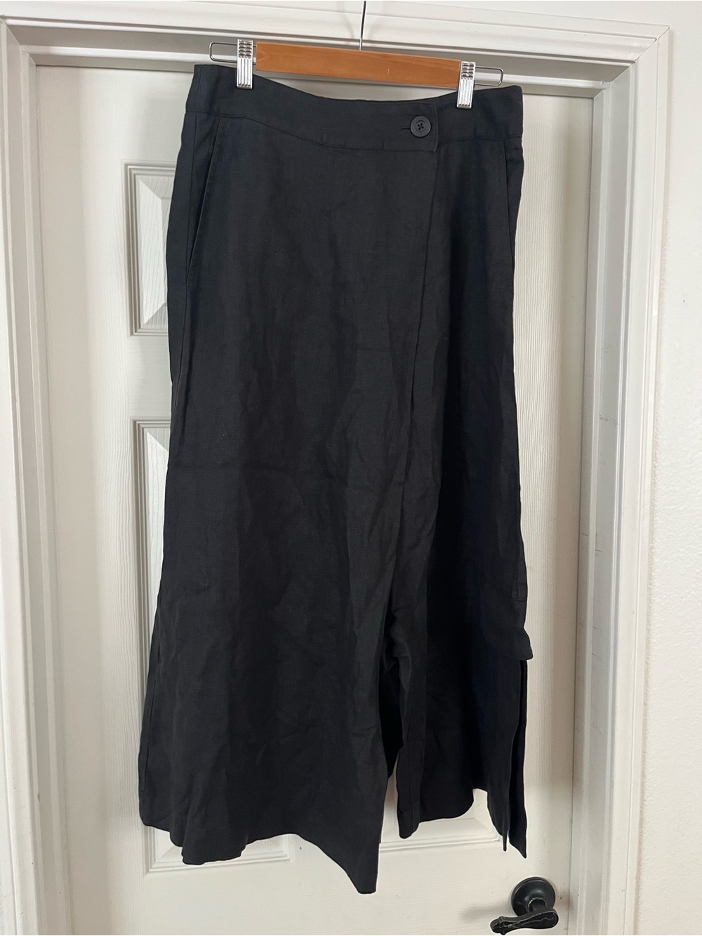 Luel Black 100% Linen wide leg faux wrap skirt Pants Pockets  US Sz 6